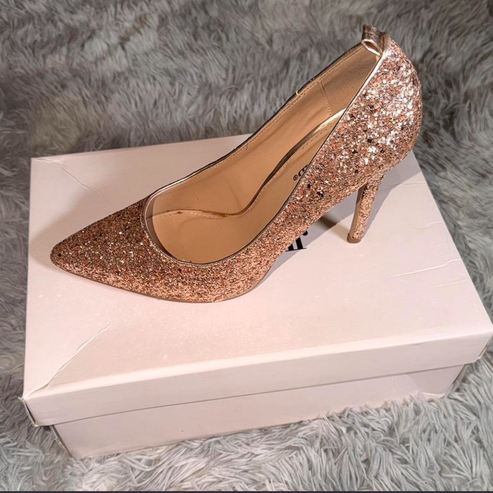 JustFab Rose Gold Glitter Pointed Toe Stiletto Pump